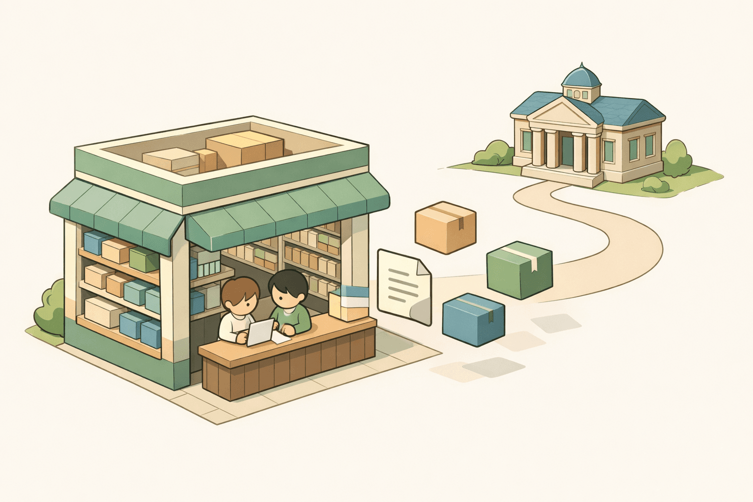 A small retail store with stocked shelves and two business owners reviewing financing documents at a counter