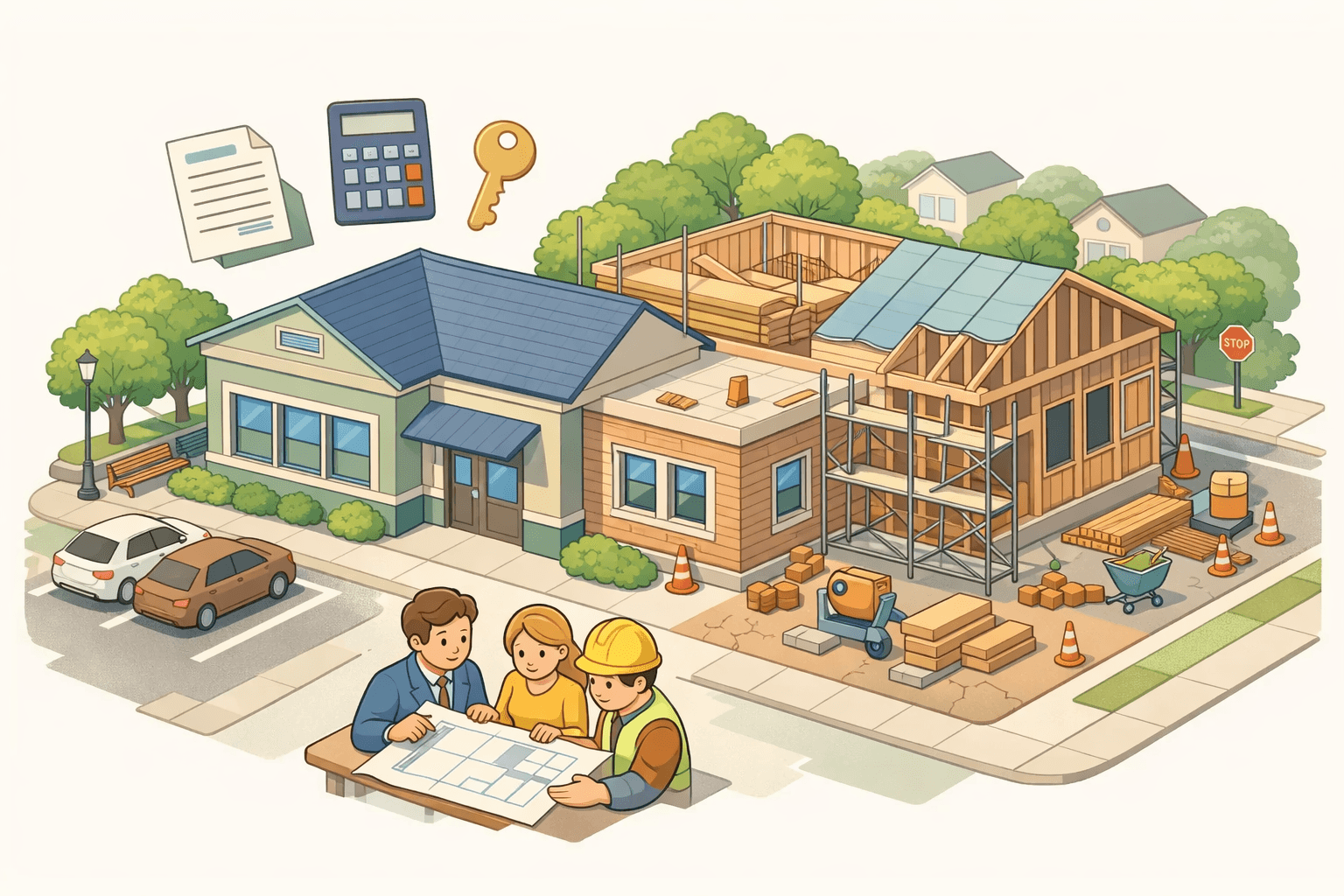 A tutoring center building expanding with a new section under construction, small figures reviewing plans outside