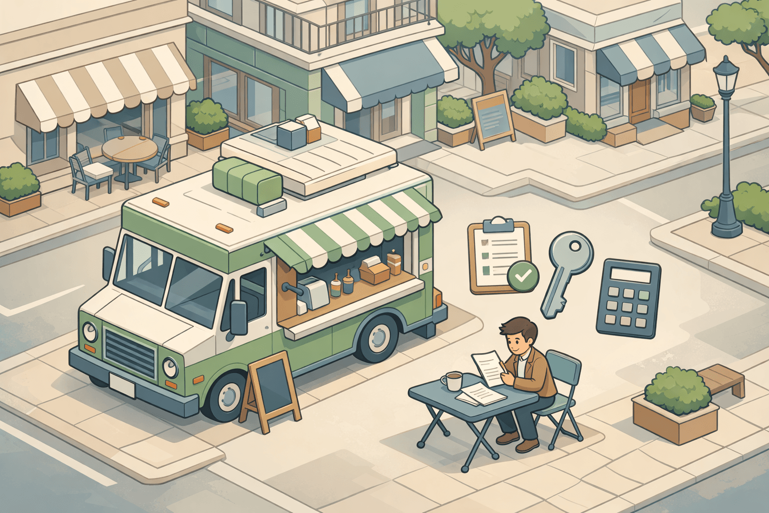 A food truck parked on a city street with a small business owner reviewing loan documents nearby