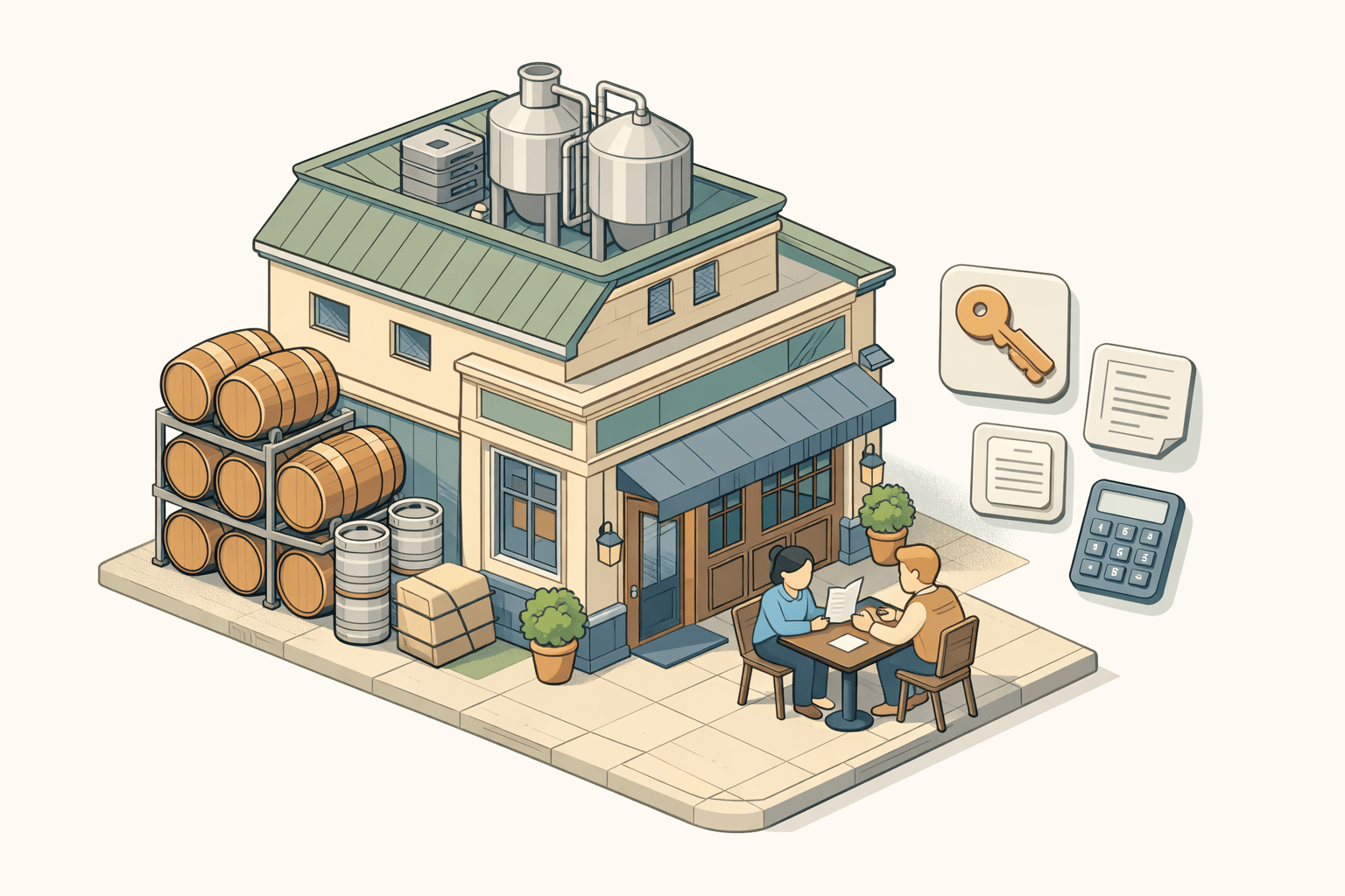 Isometric view of a small craft brewery building with barrels outside and figures reviewing acquisition documents nearby