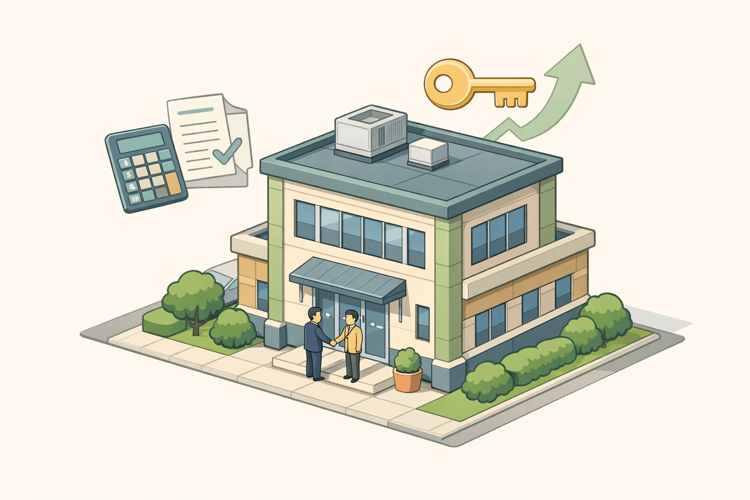 Two small figures shaking hands outside a professional office building representing the acquisition of a small accounting firm