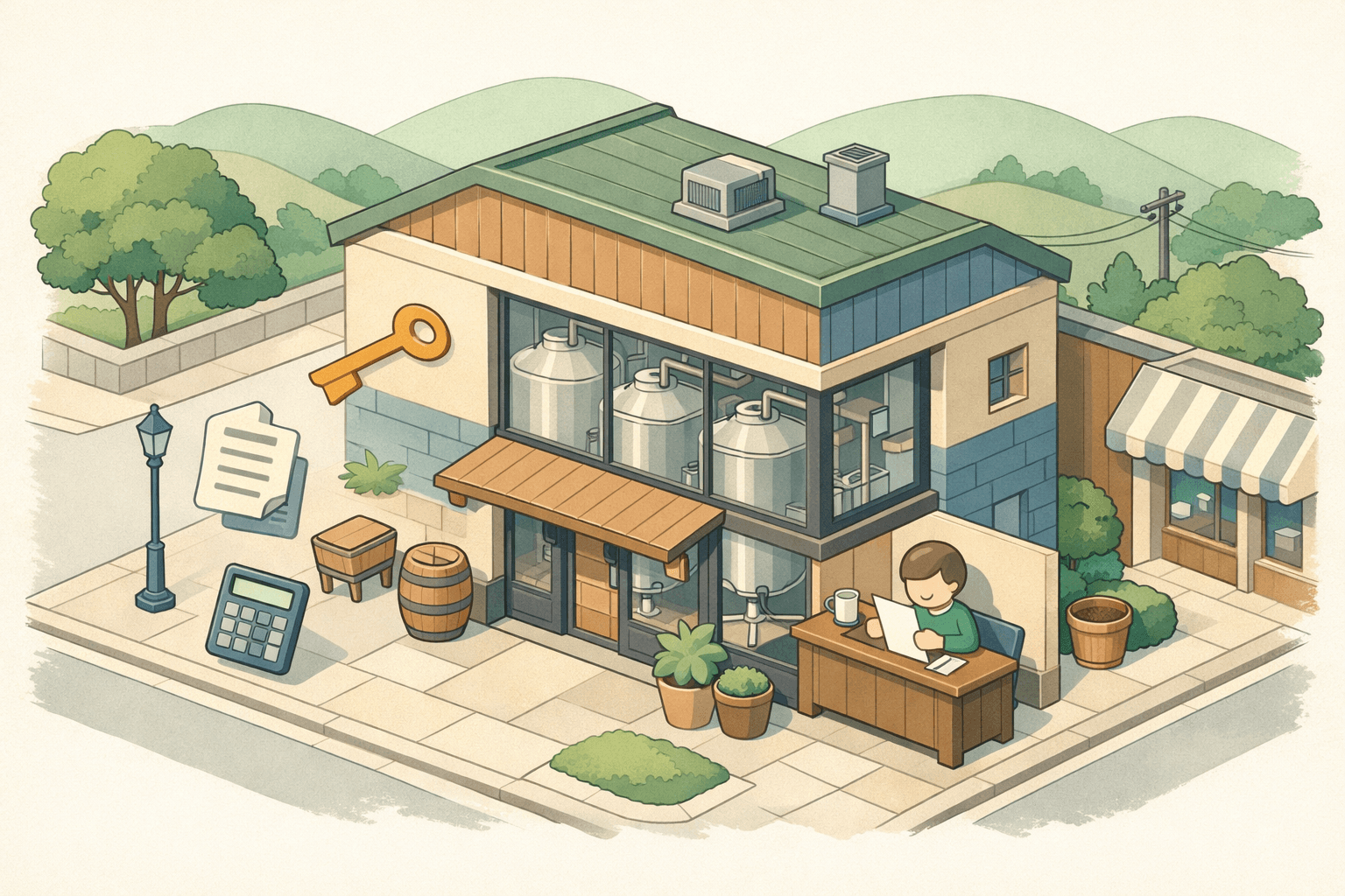 Isometric view of a small kombucha brewery building with fermentation tanks and a figure reviewing loan documents at a desk