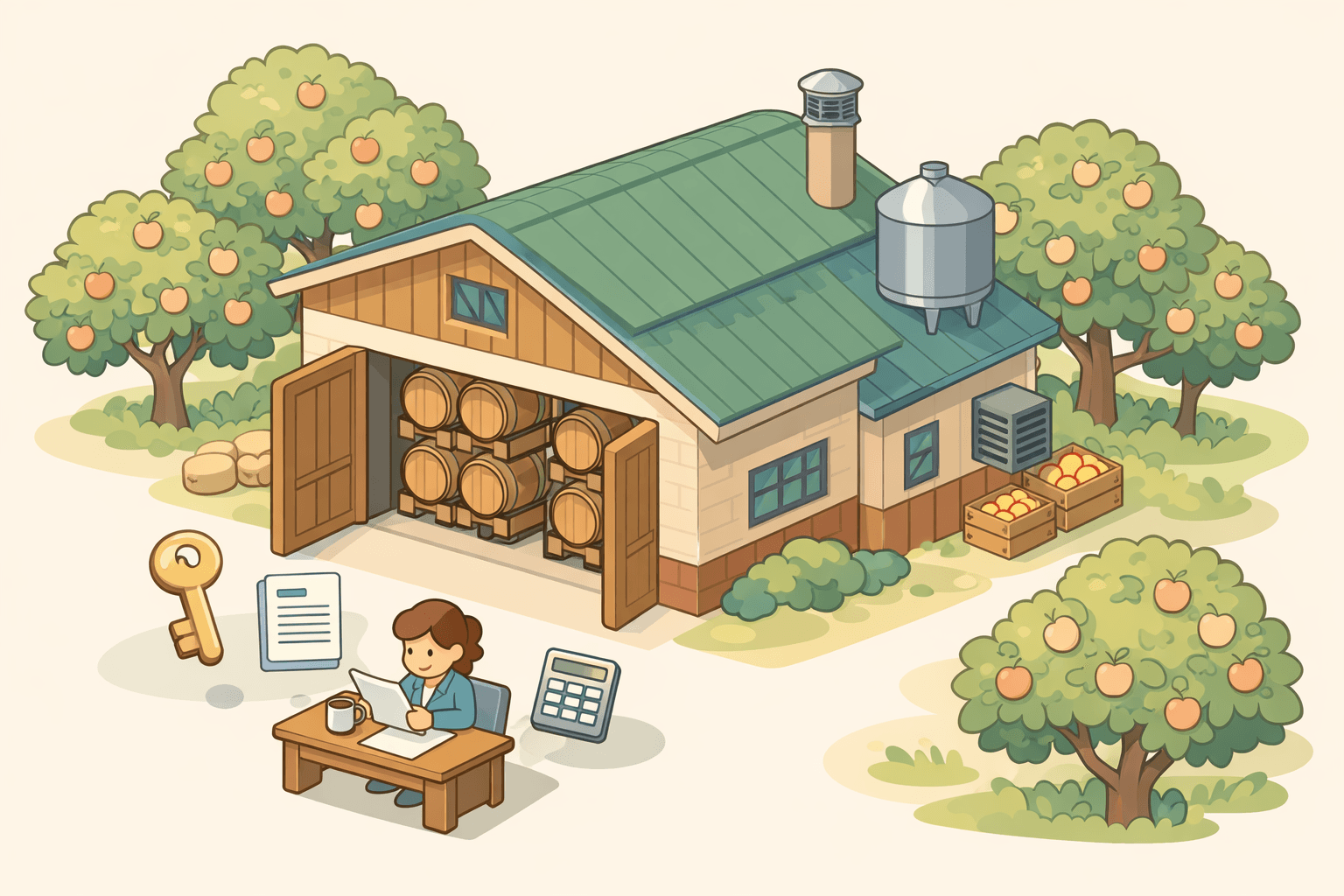 A small craft cider brewery building with barrel storage and a figure reviewing financing documents outside