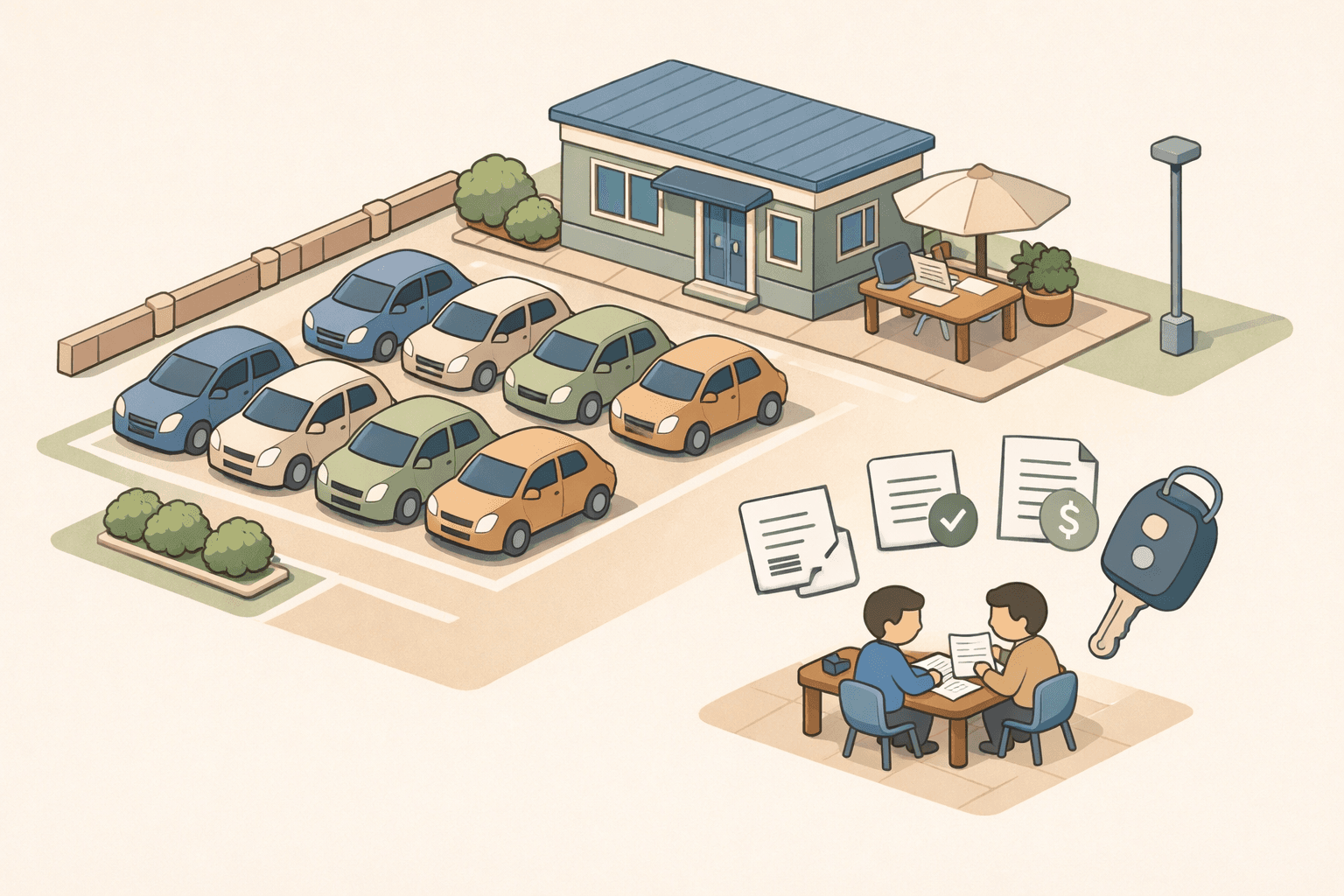 A small used car dealership lot with parked vehicles and a dealer office building, representing inventory financing for small businesses.