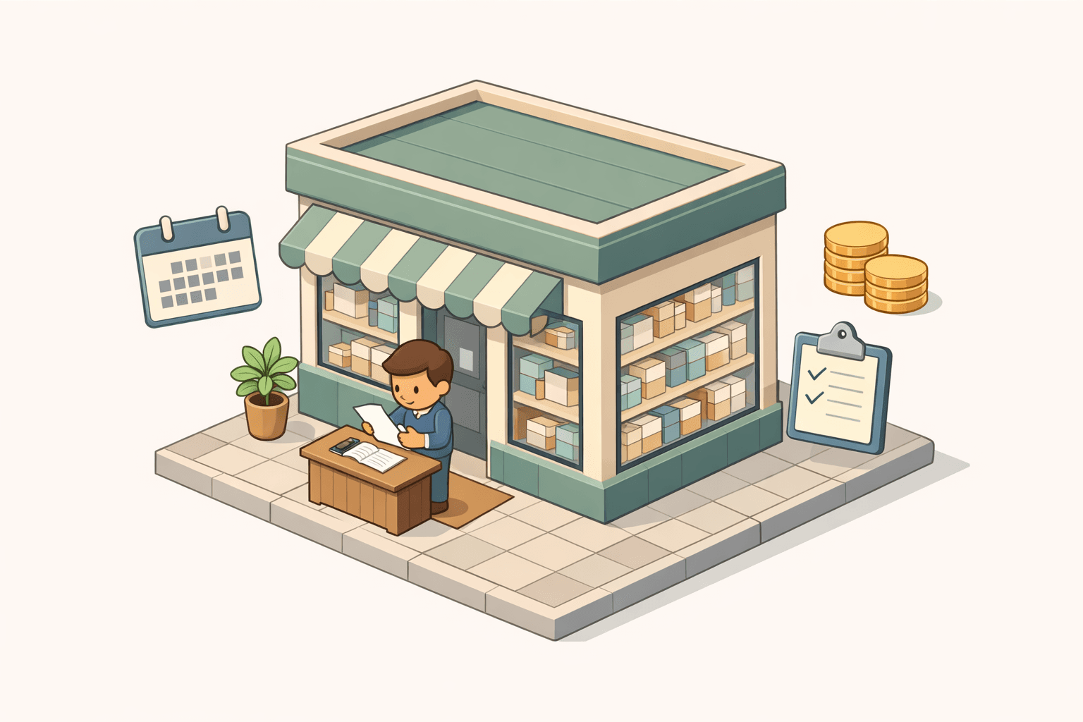 Small retail store stocked with seasonal inventory, with a business owner reviewing financing documents at the front counter.