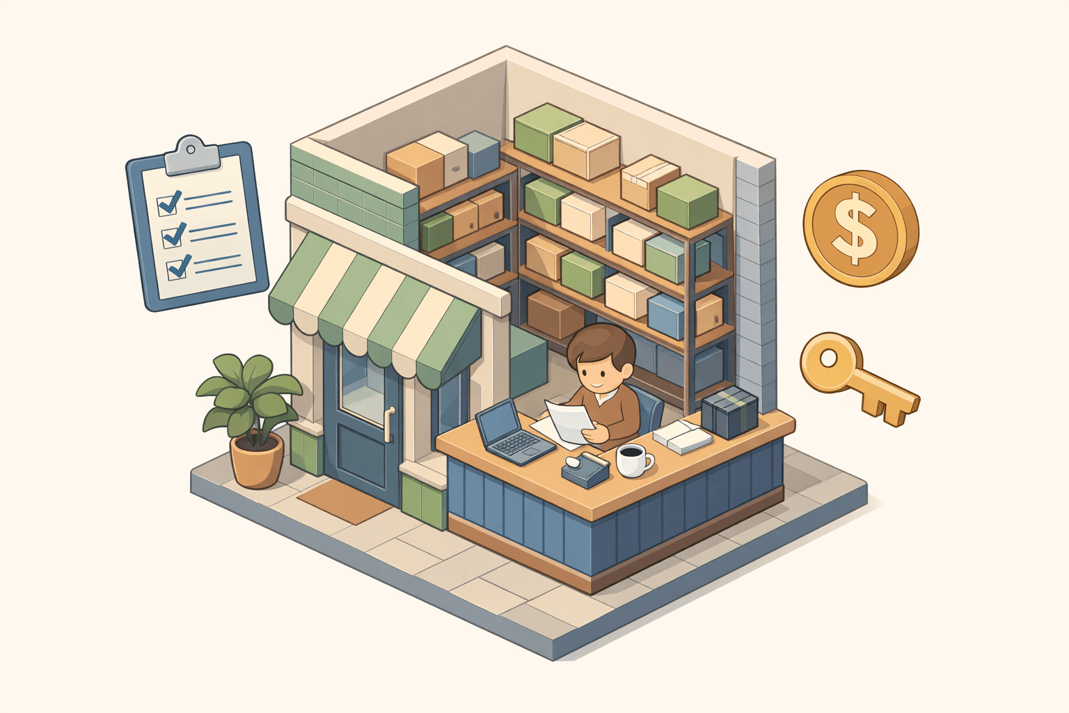 Small retail store with stocked shelves and a business owner reviewing loan documents at a front counter
