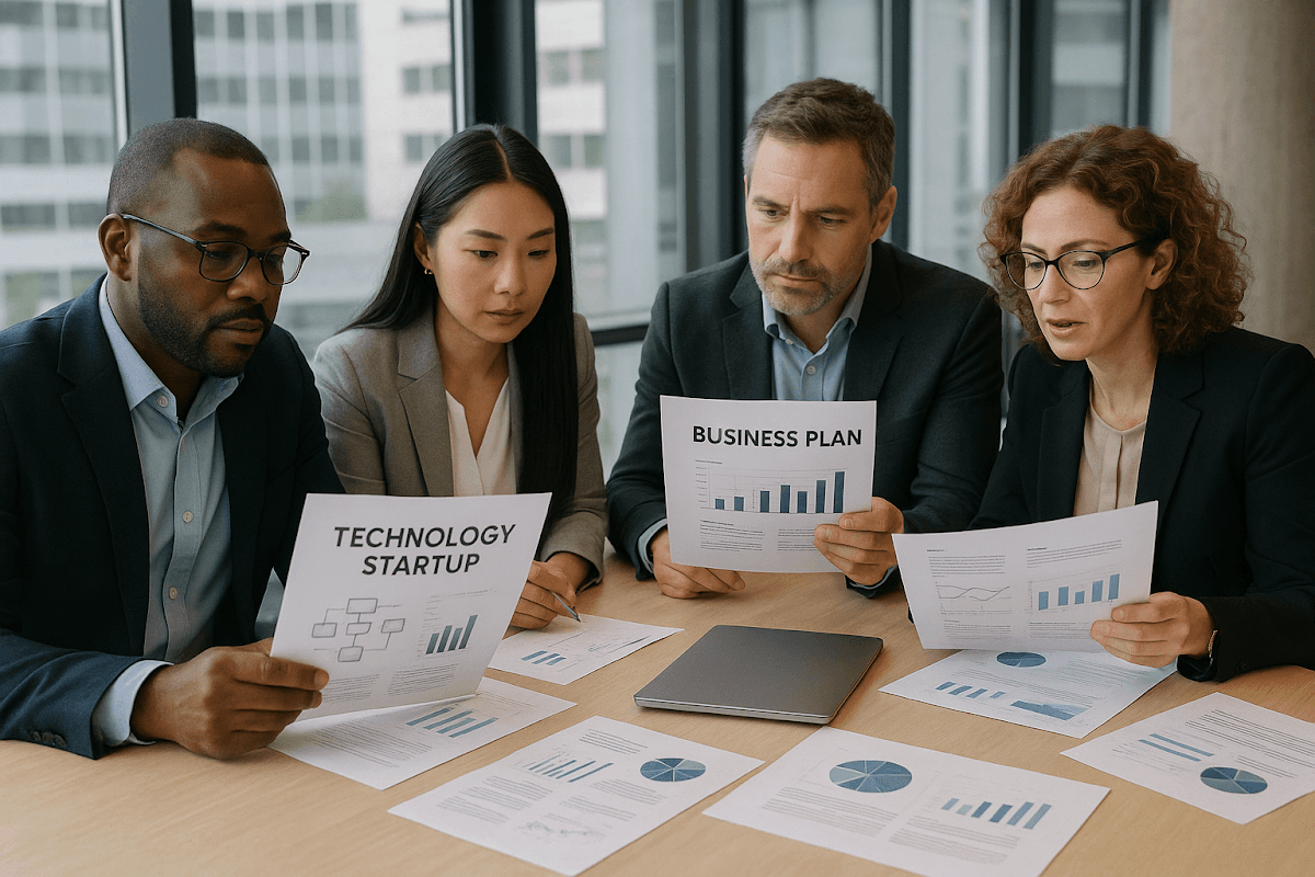 Step-by-step process for securing tech funding with market research, team assembly, development timeline, and loan application.