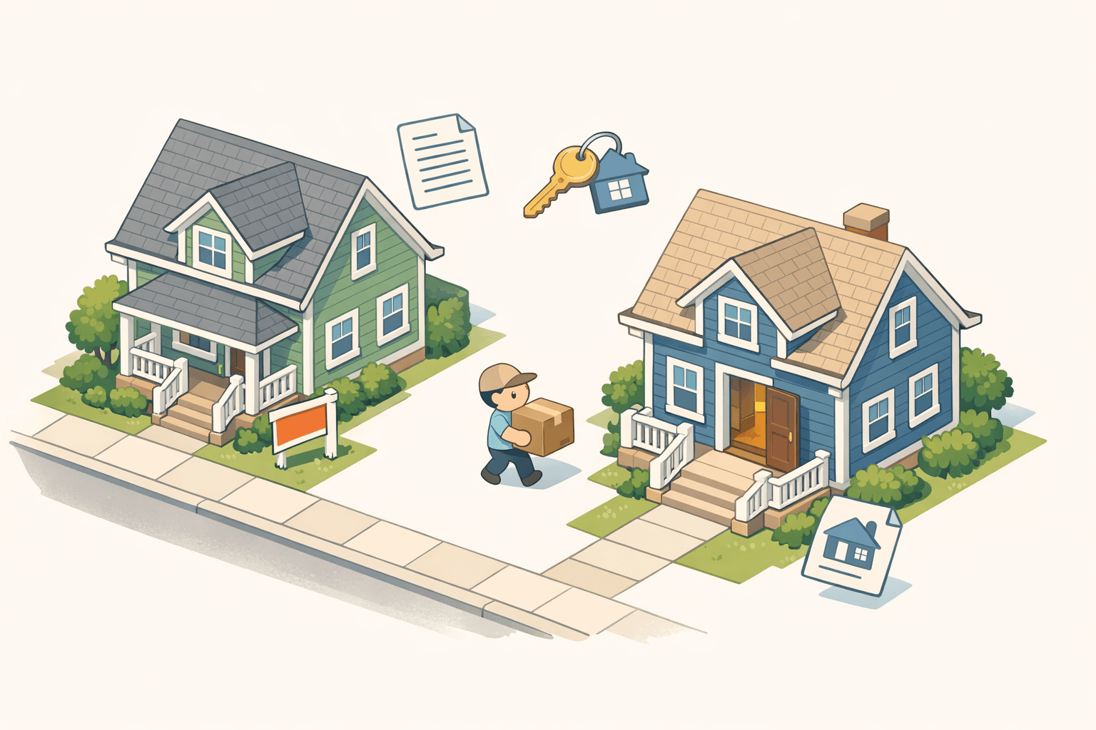 A homeowner carrying a box between two houses, one with a sold sign and one with an open door, on a peaceful street.