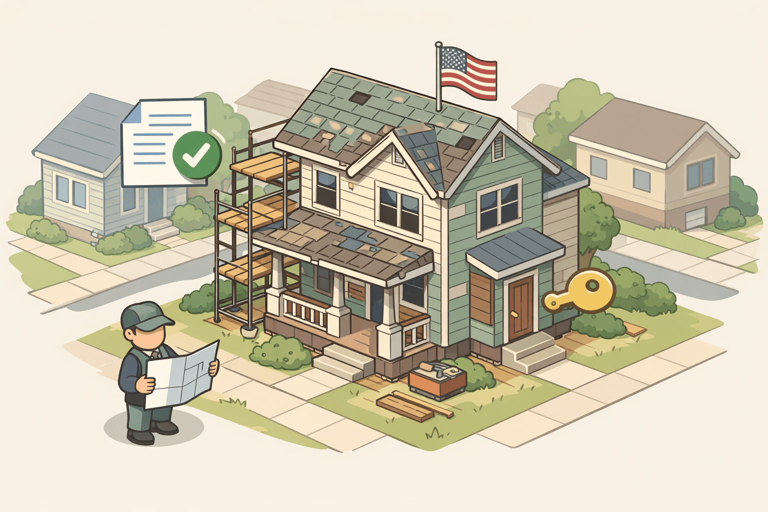 A fixer-upper house under renovation with scaffolding and a veteran reviewing blueprints outside