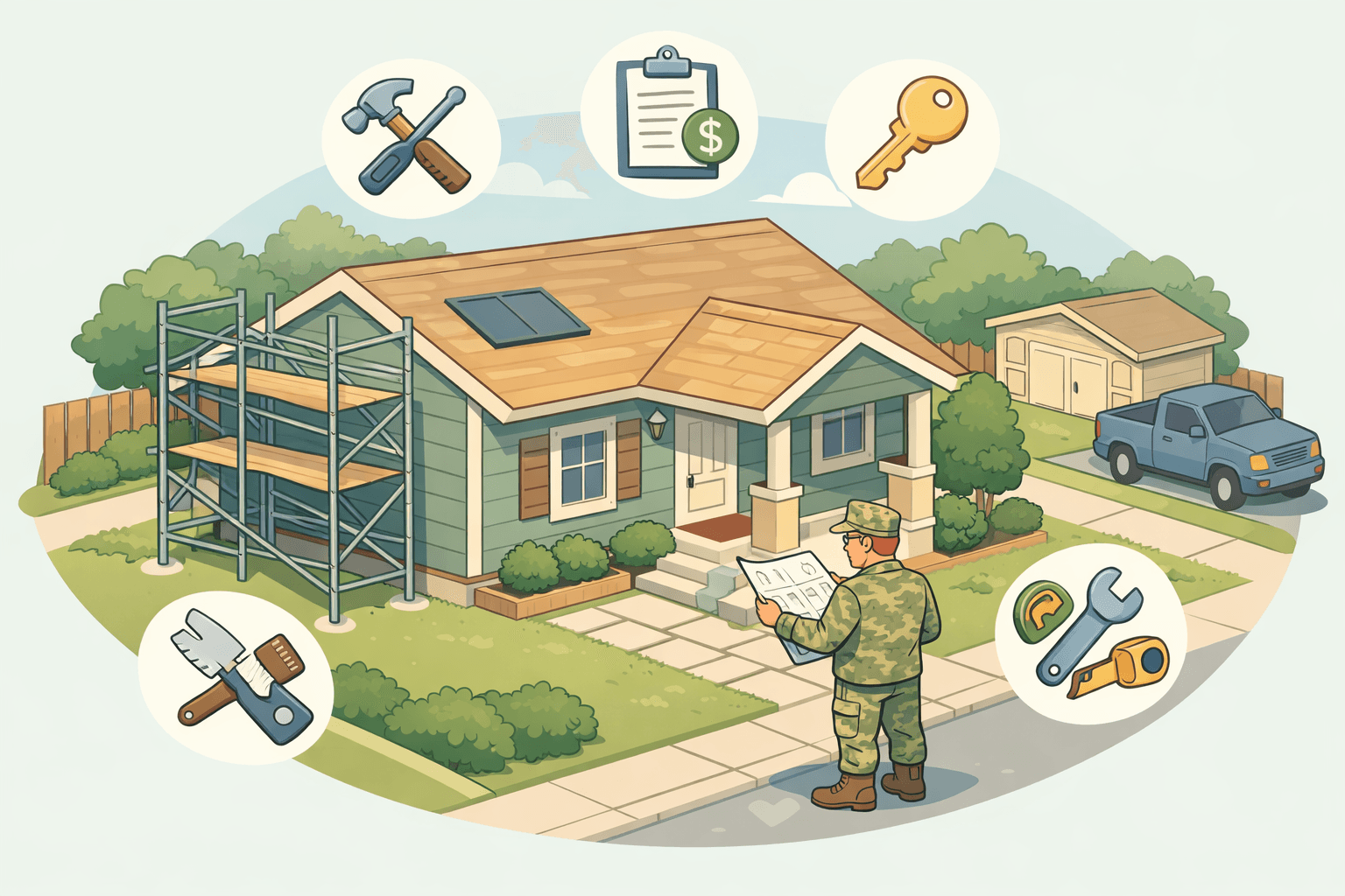 A fixer-upper home with scaffolding beside a veteran reviewing renovation plans outdoors in a quiet neighborhood.