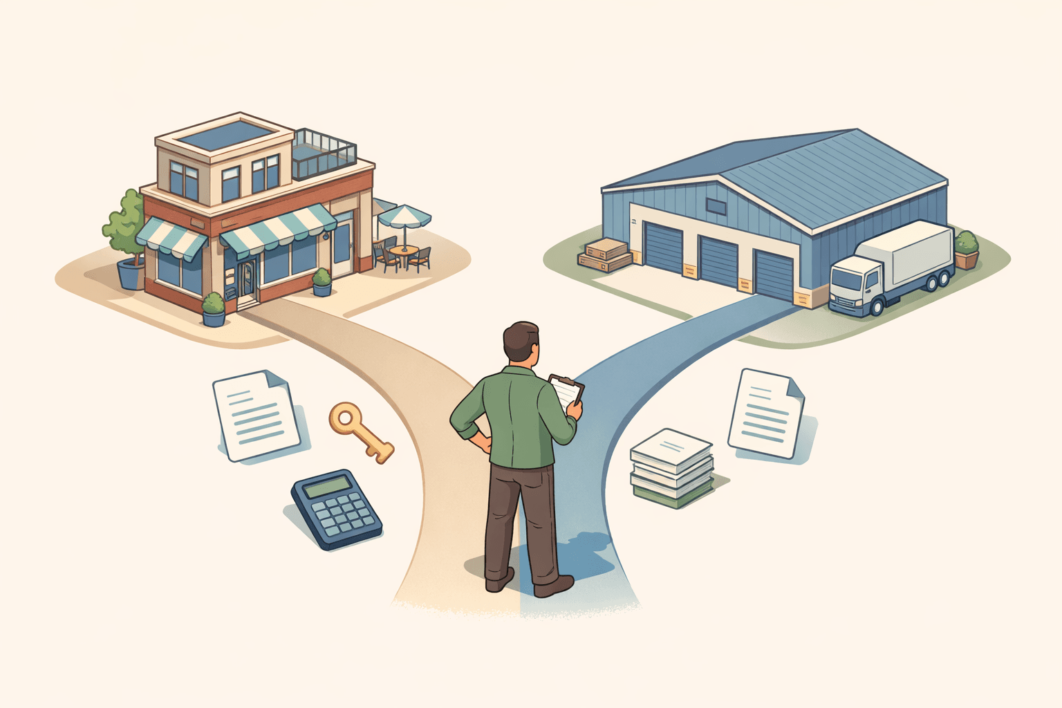 Small business owner standing between two commercial buildings representing a choice between two SBA loan programs