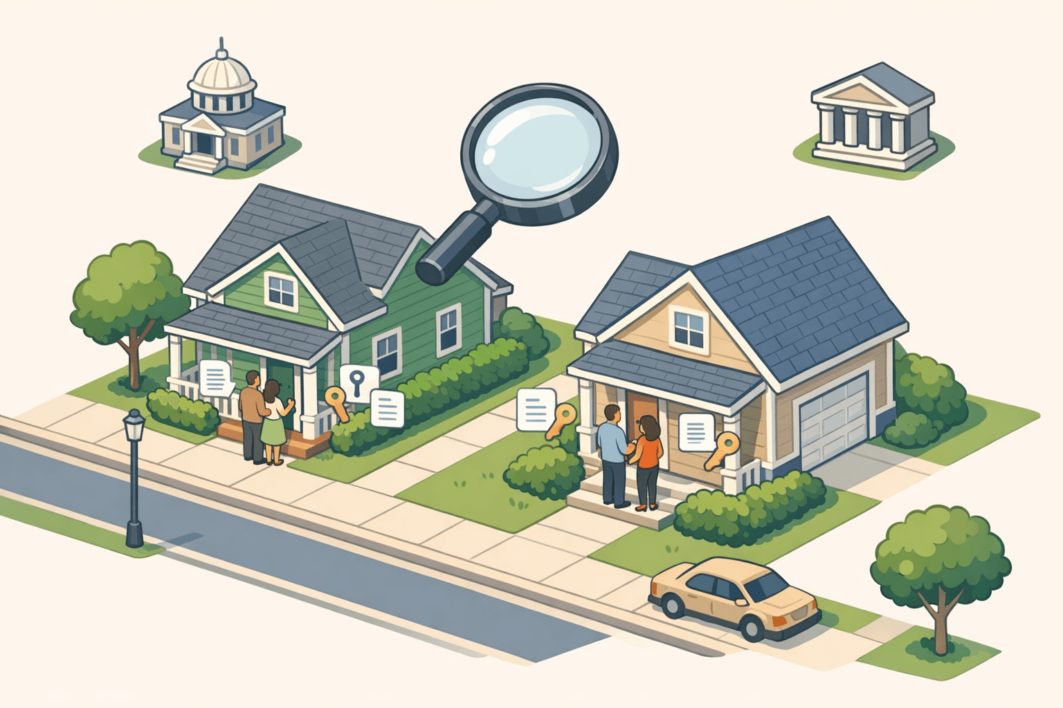 Two houses side by side with tiny figures comparing documents, representing the choice between a conventional loan and an FHA loan.