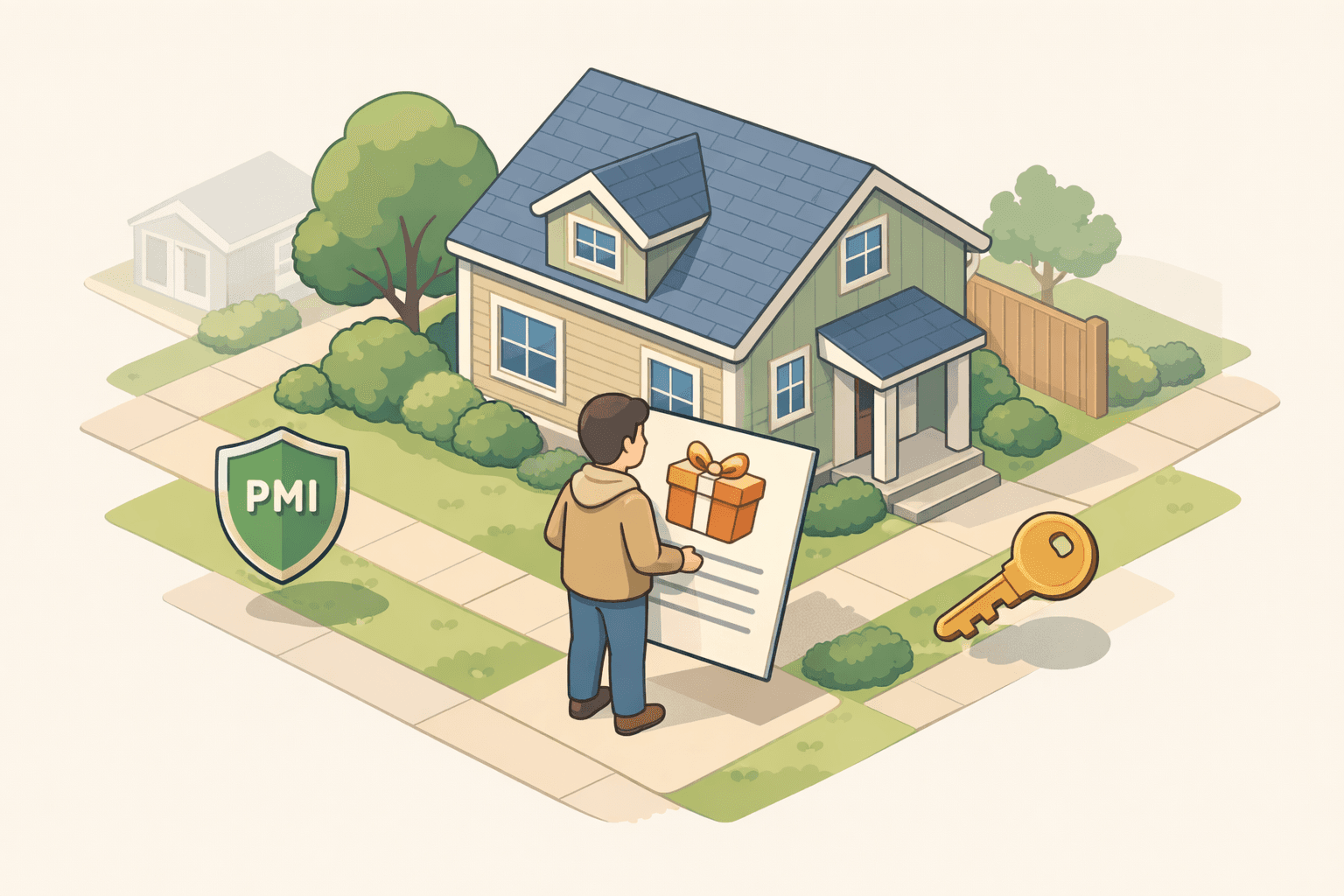 A homebuyer stands in front of a house holding gift fund documents with a PMI shield icon floating nearby in a residential neighborhood.