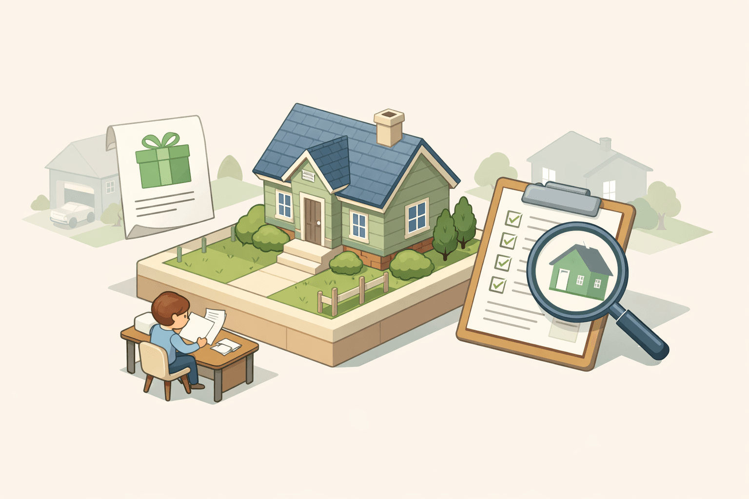 A small house with a gift document and magnifying glass representing PMI costs on a conventional loan with a non-relative down payment gift.