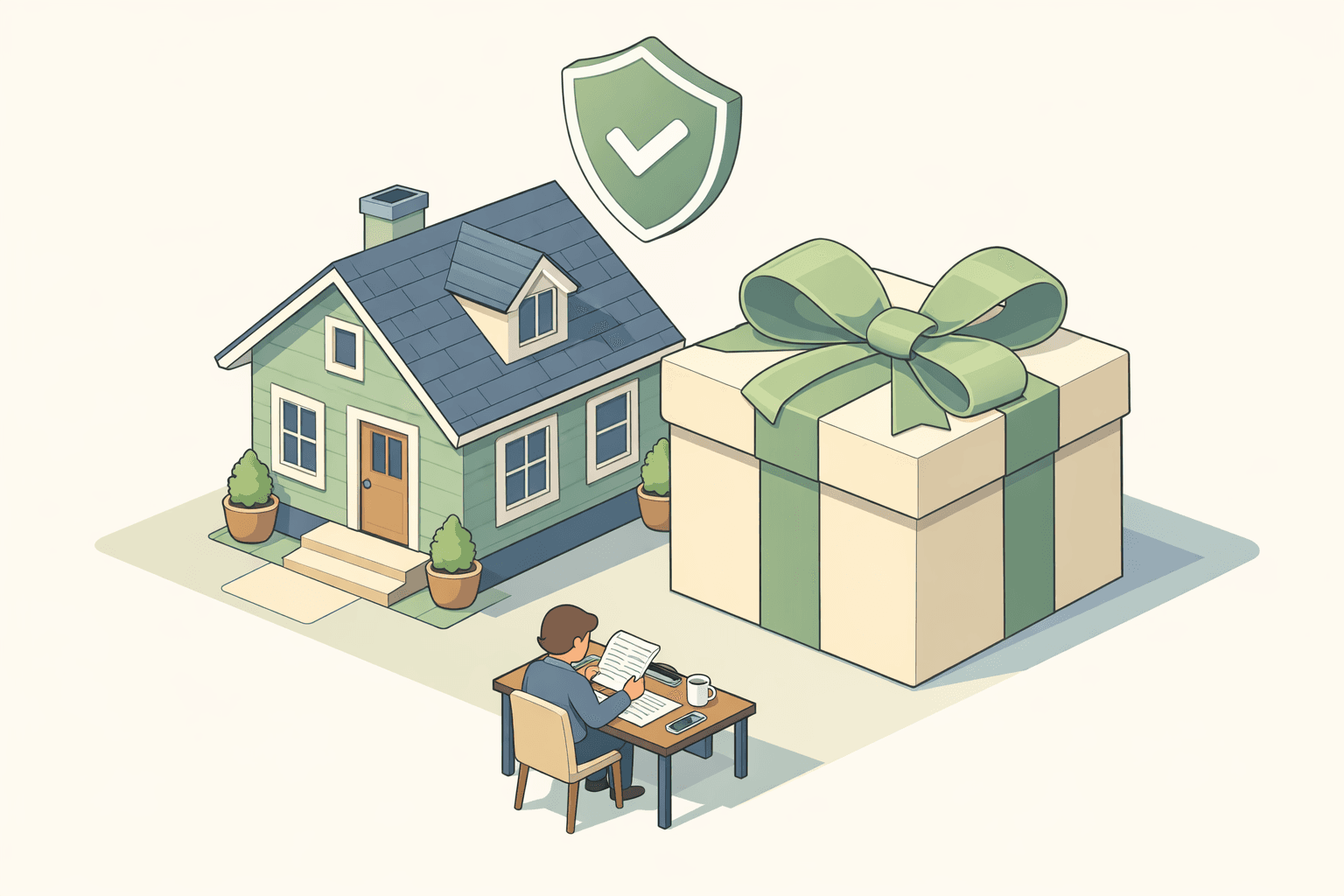 A small house next to a gift box symbolizing a gifted down payment with a document icon representing PMI on a conventional loan