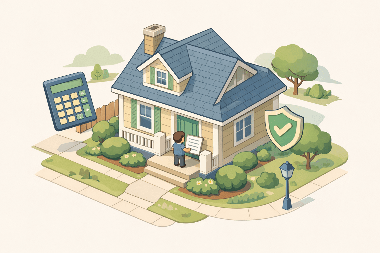 A stylized isometric house with a homebuyer reviewing mortgage documents outside, with a calculator and shield icon nearby.