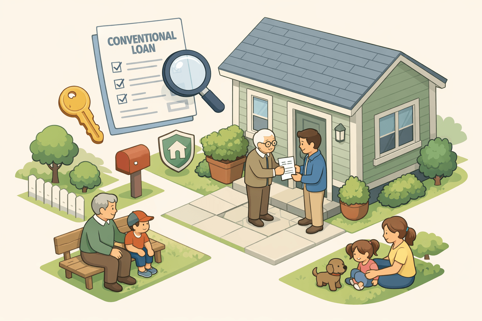 Grandparent and grandchild outside a home with document and key icons representing a gifted down payment on a conventional mortgage