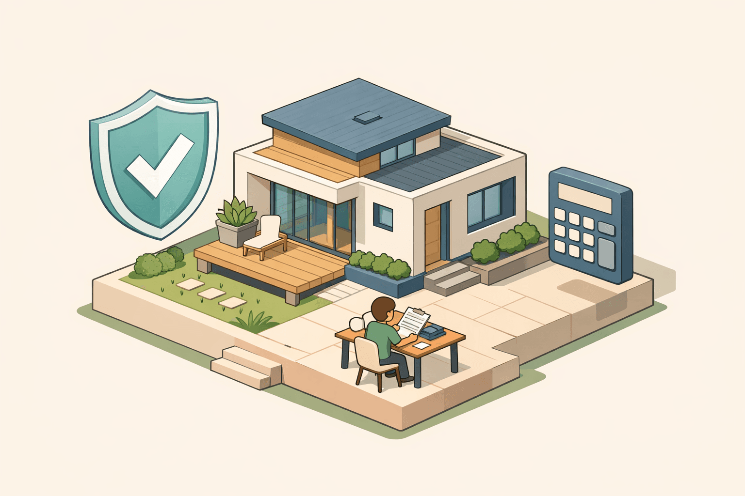 Isometric illustration of a home with a protective shield and a small figure reviewing mortgage documents at a desk