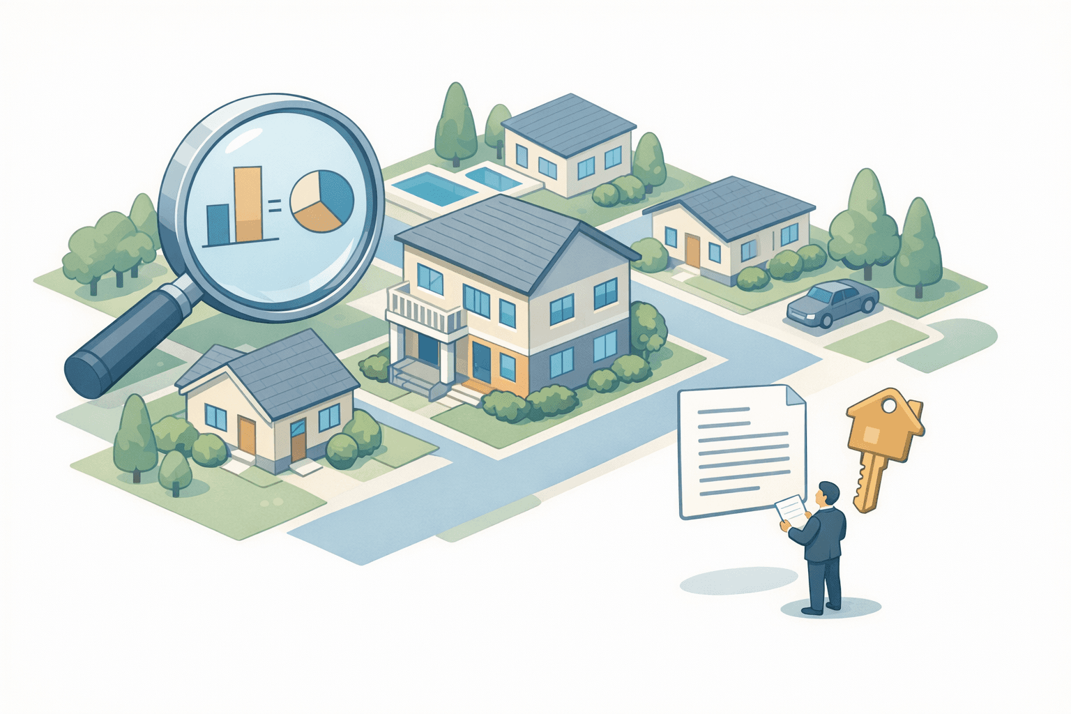 A real estate investor reviewing rental property documents near a residential building to evaluate a DSCR loan