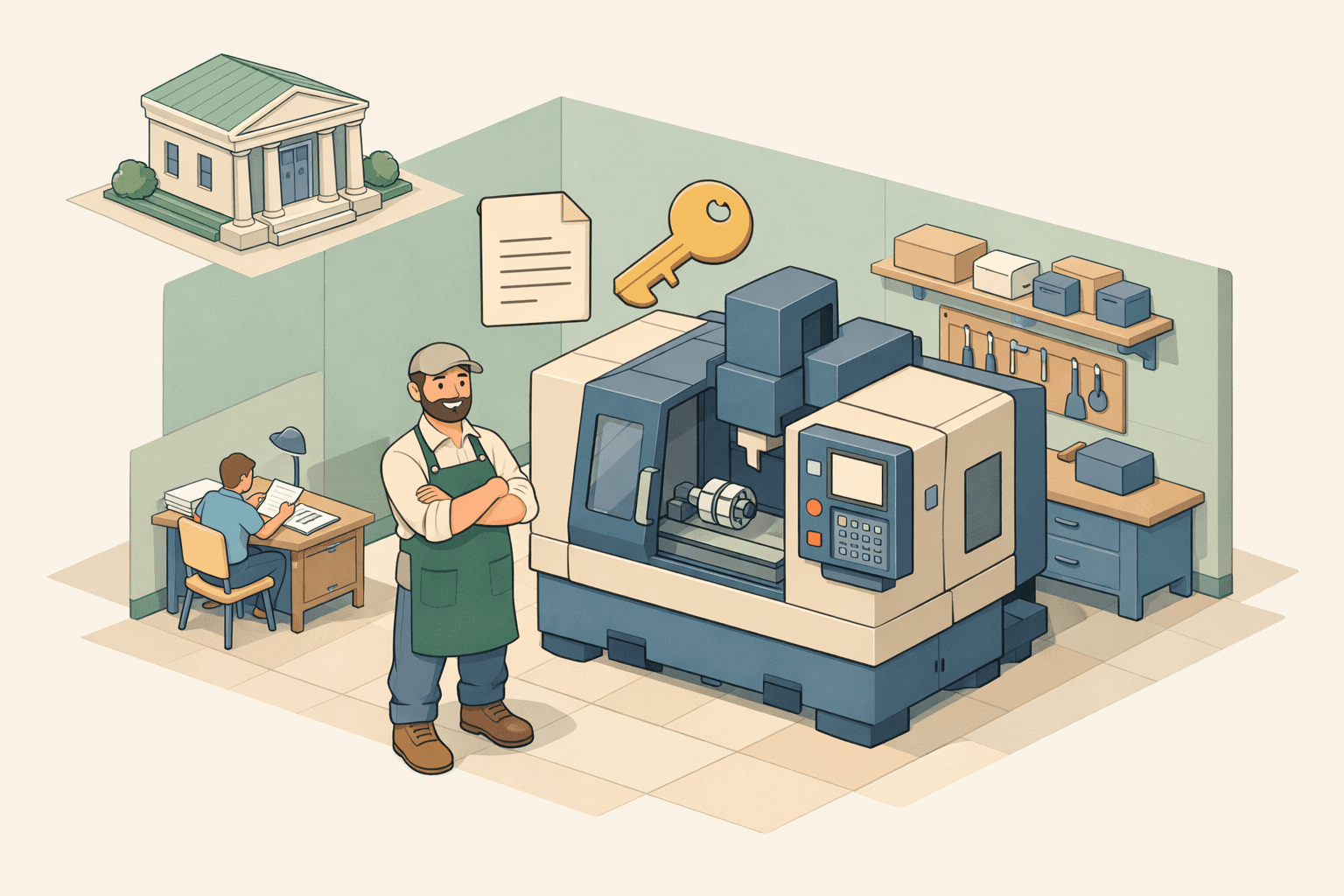 Small business owner standing next to industrial equipment inside a workshop with financing documents nearby