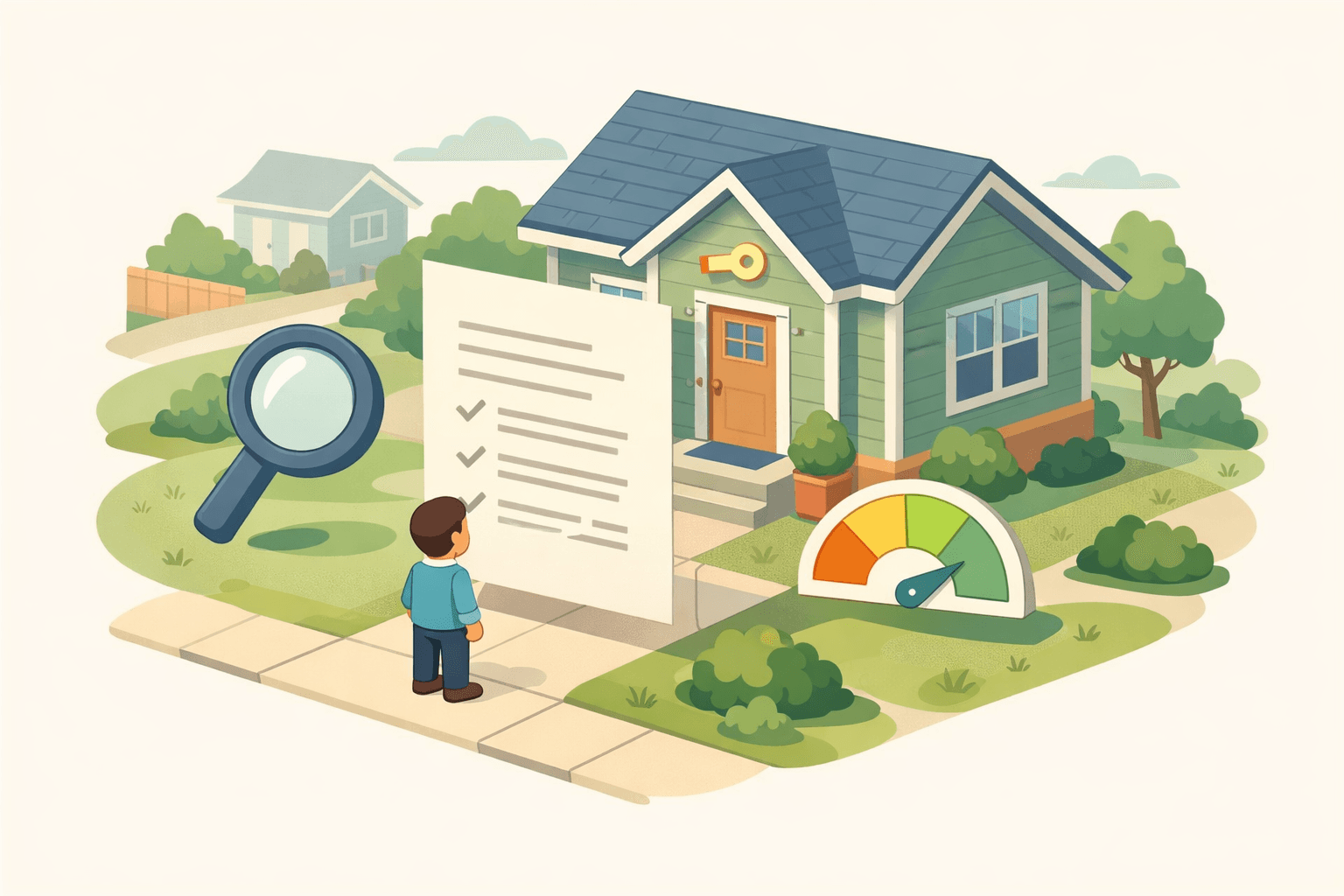 A homebuyer reviewing FHA loan documents outside a small house with a key icon nearby in a suburban neighborhood