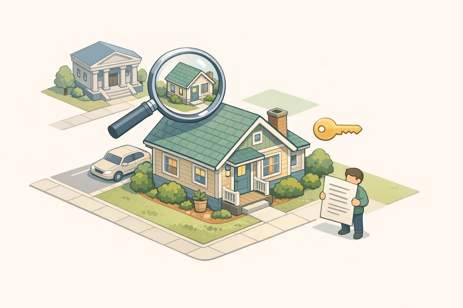 A small house with a key and document icon representing an FHA loan approval for a first-time homebuyer