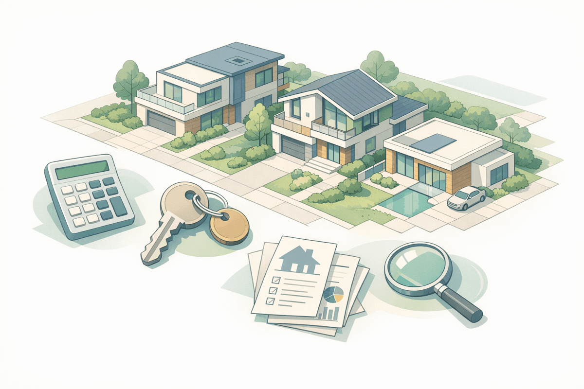 Modern residential neighborhood with houses and floating financial symbols representing home equity qualification requirements