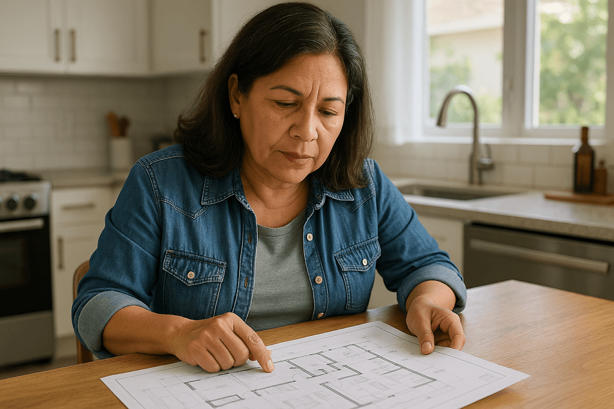 Woman reviewing renovation plans at home kitchen table