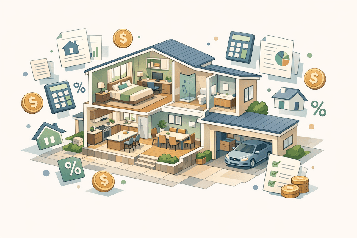 Modern home cutaway showing interior spaces with floating financial documents and calculation symbols representing equity financing