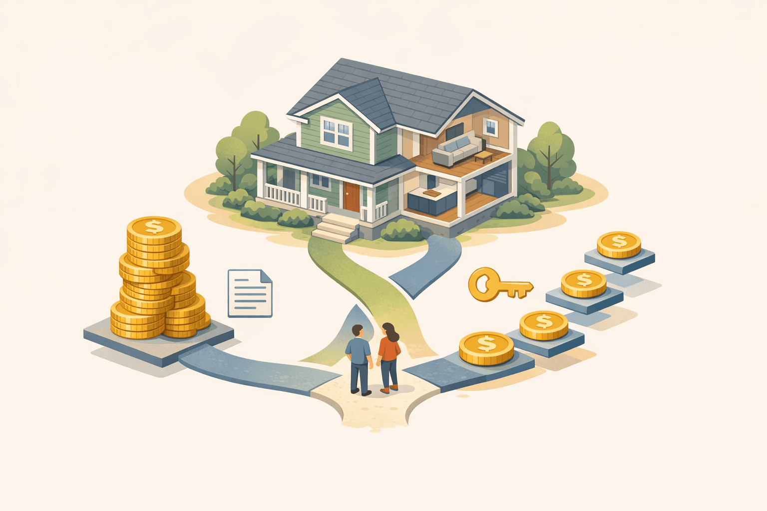 A homeowner standing between two financial paths representing a home equity loan and a HELOC borrowing option.