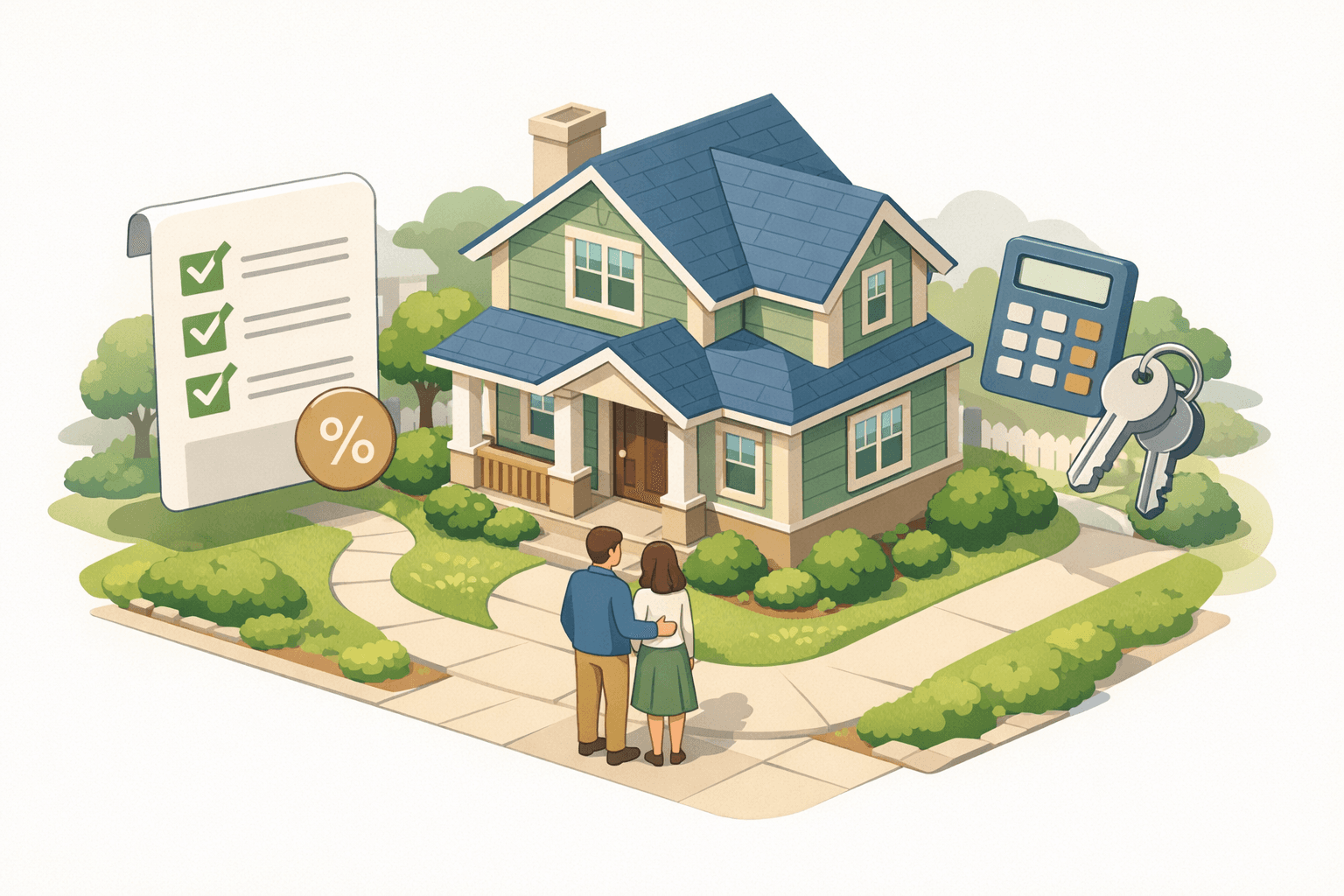 A couple stands in front of a house reviewing mortgage documents with a calculator and key icon nearby