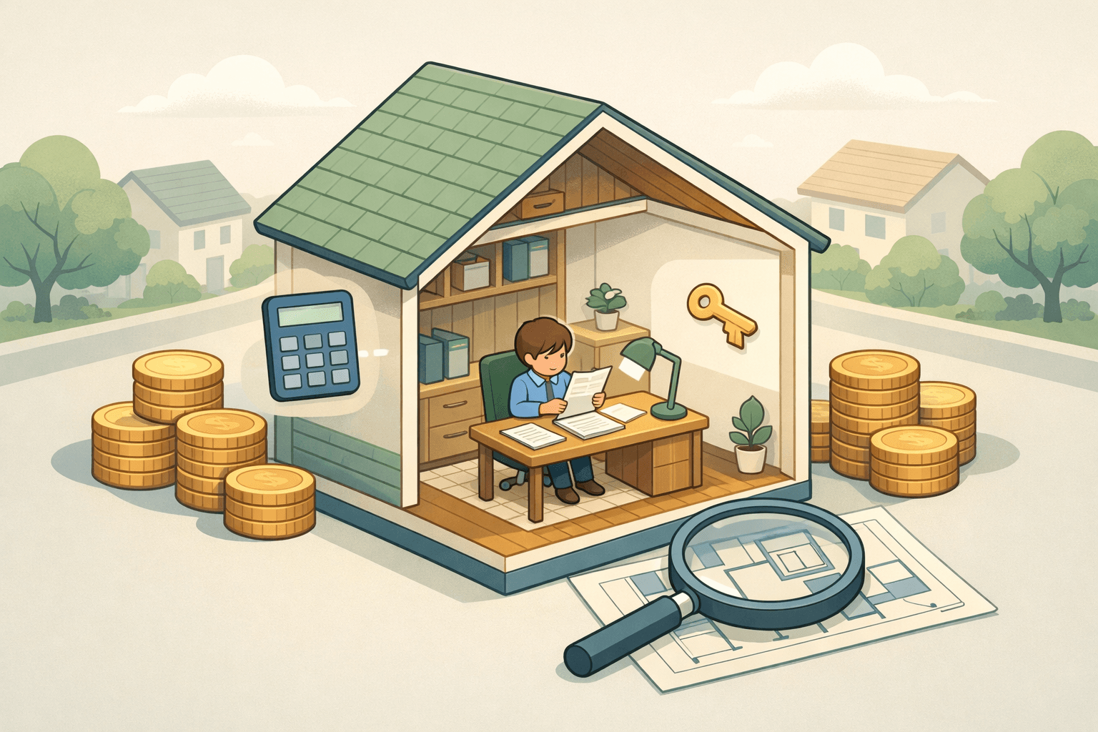 A person reviewing mortgage affordability documents at a desk inside a home with a calculator and key nearby