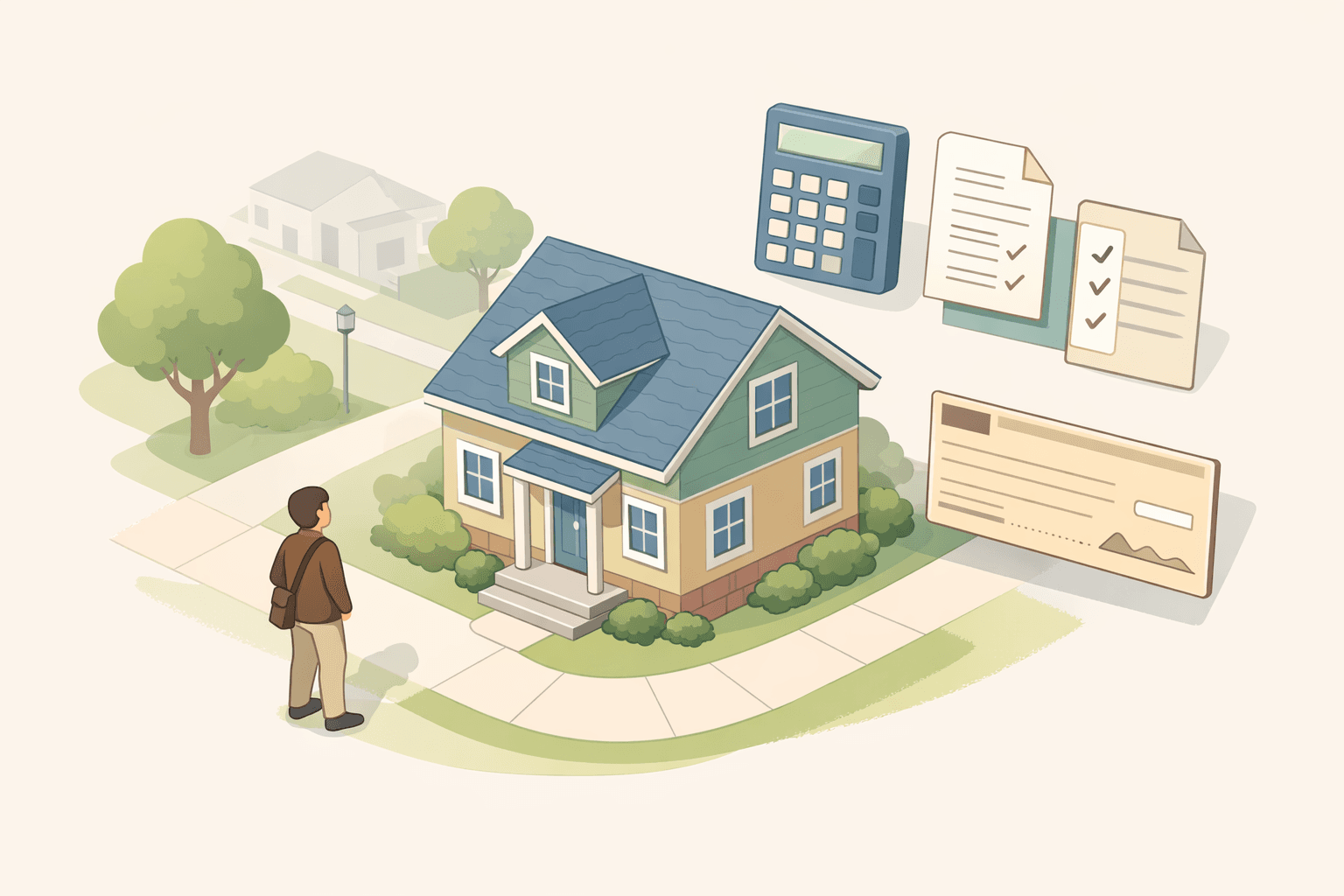 A homebuyer standing in front of a house with a calculator and paycheck document nearby, representing overtime income and mortgage affordability