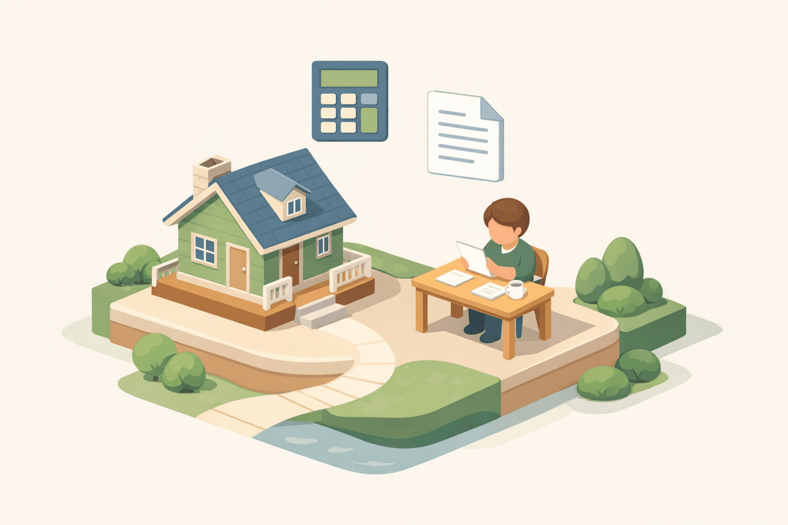 A person reviewing home loan documents at a desk next to a small house model with a calculator nearby