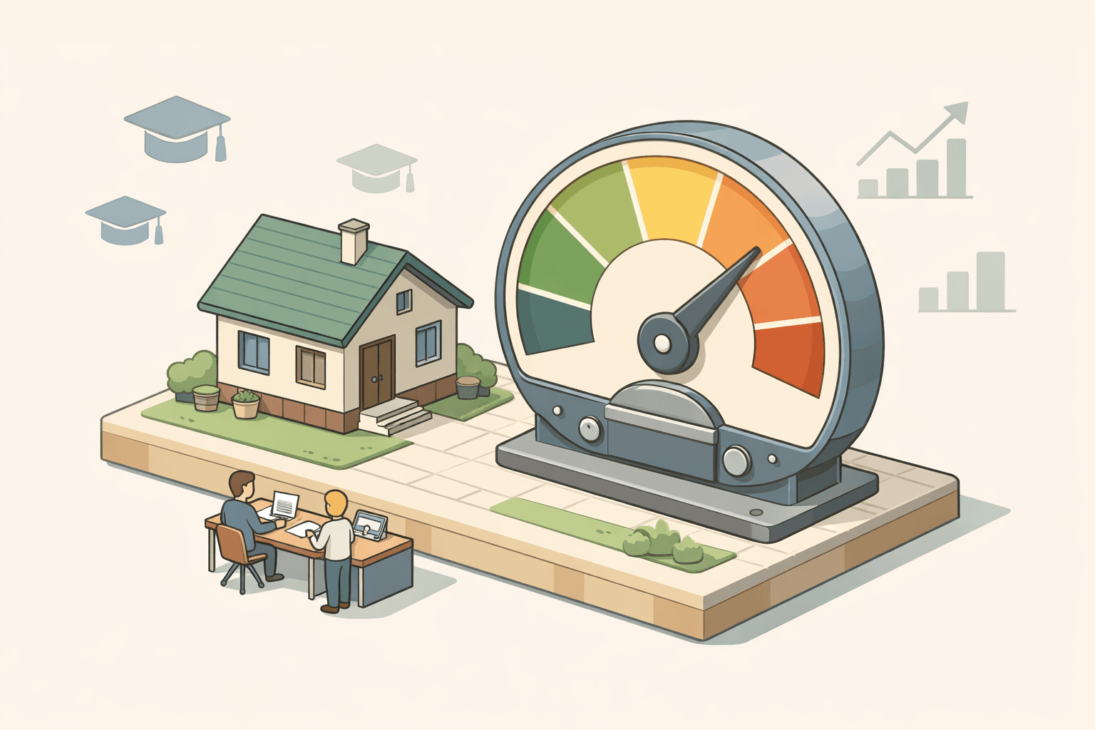Isometric scene of a house with an adjustable rate dial and small figures reviewing mortgage documents nearby