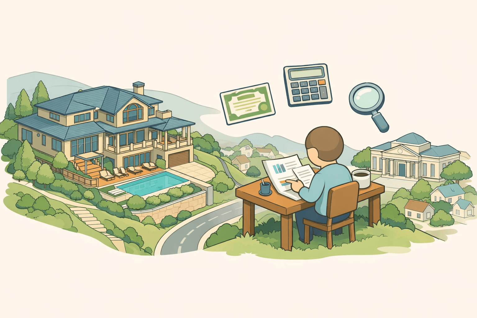 A luxury home on a hill with a person reviewing financial documents and stock compensation paperwork nearby.