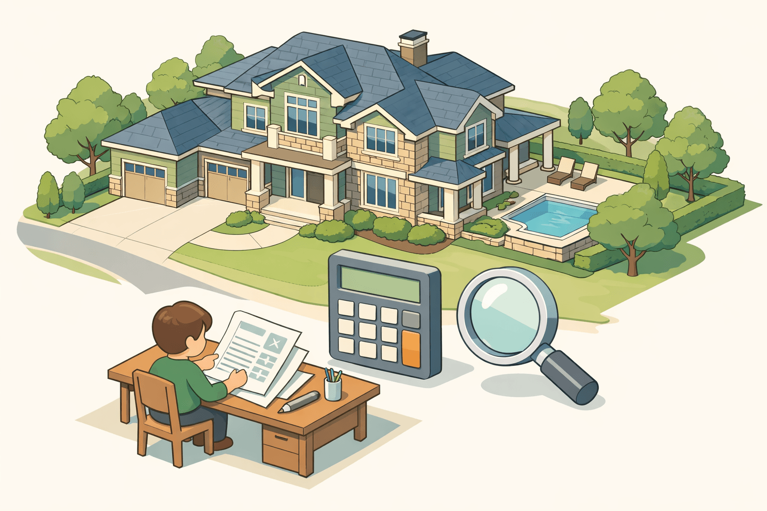 Isometric scene of a large luxury home with a person reviewing mortgage documents and a calculator icon nearby