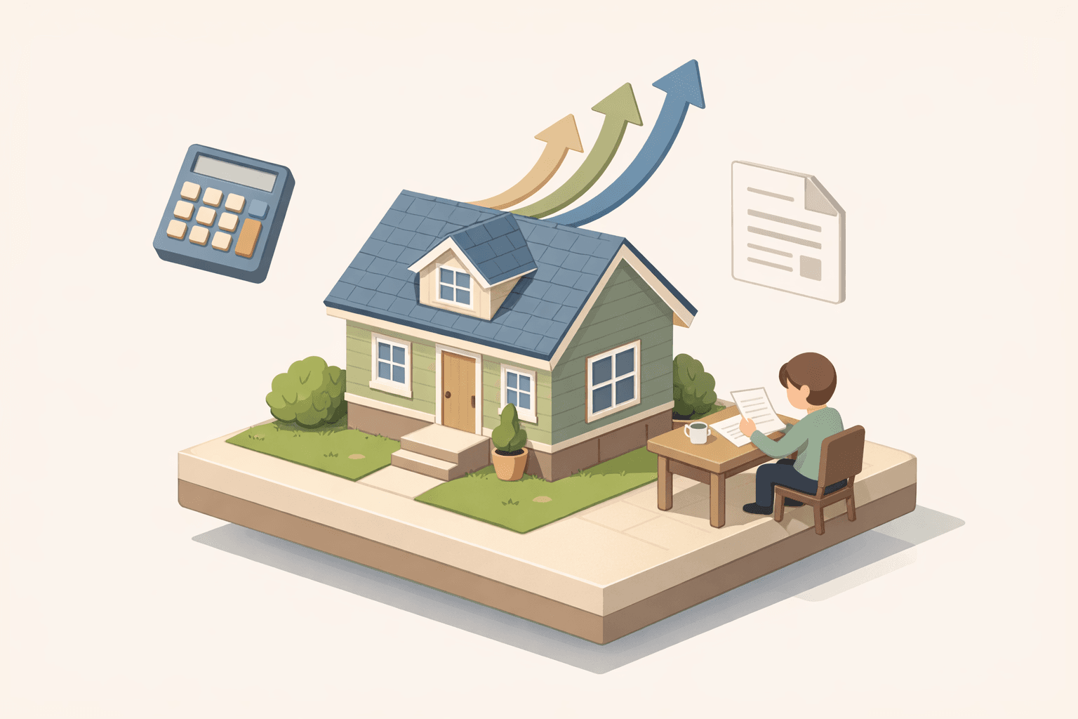 A small house with a calculator and document icons nearby representing mortgage affordability planning for an adjustable-rate loan