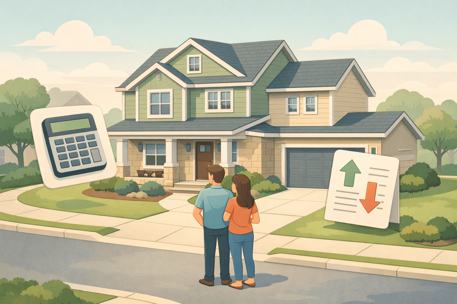 A homebuyer couple reviews ARM mortgage affordability documents in front of their new house with a calculator nearby.