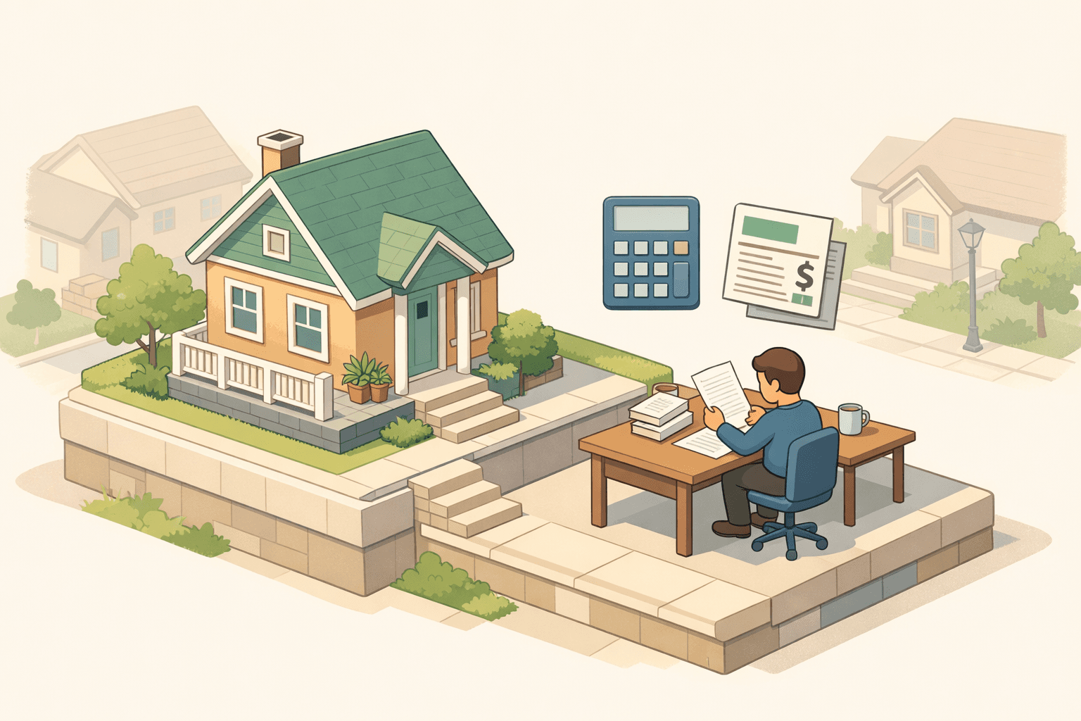 A person reviews overtime pay stubs and mortgage documents at a desk while calculating ARM loan affordability.
