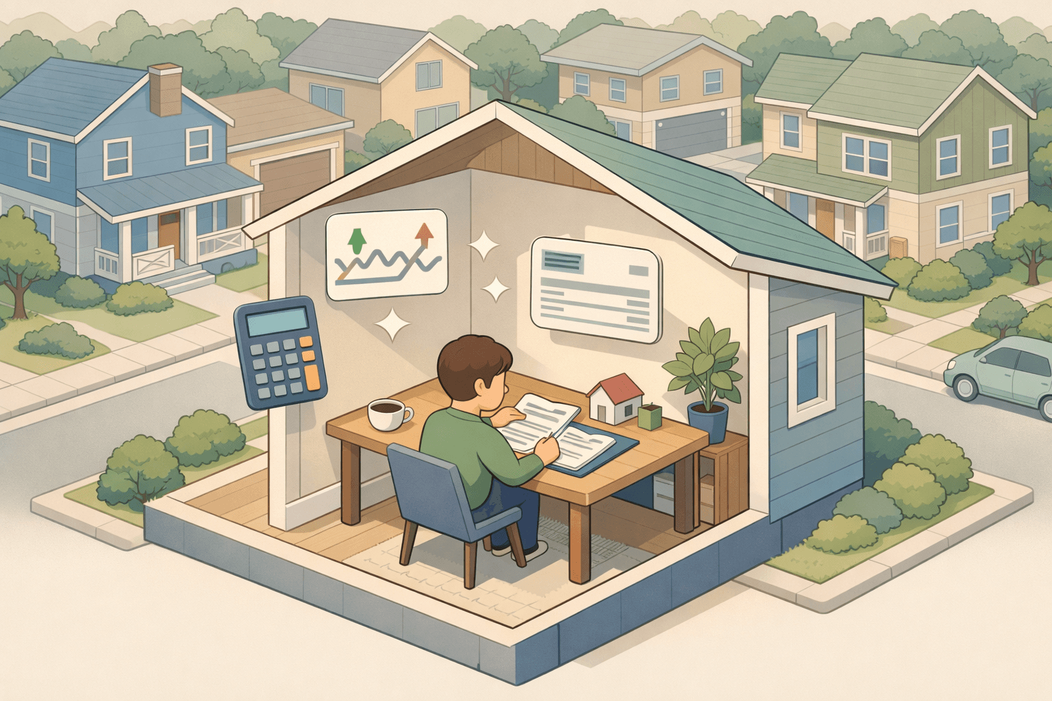 A homebuyer reviews mortgage documents and a calculator at a desk inside a house surrounded by a peaceful neighborhood