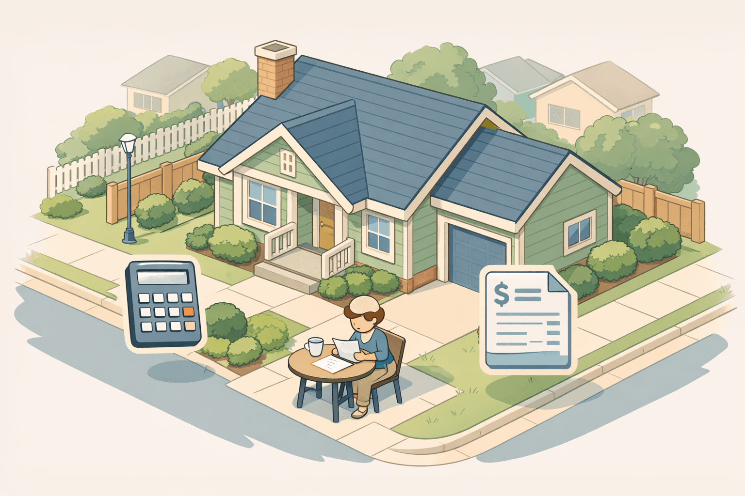 A person reviews overtime pay documents at a desk beside a small house model, representing FHA loan affordability planning.