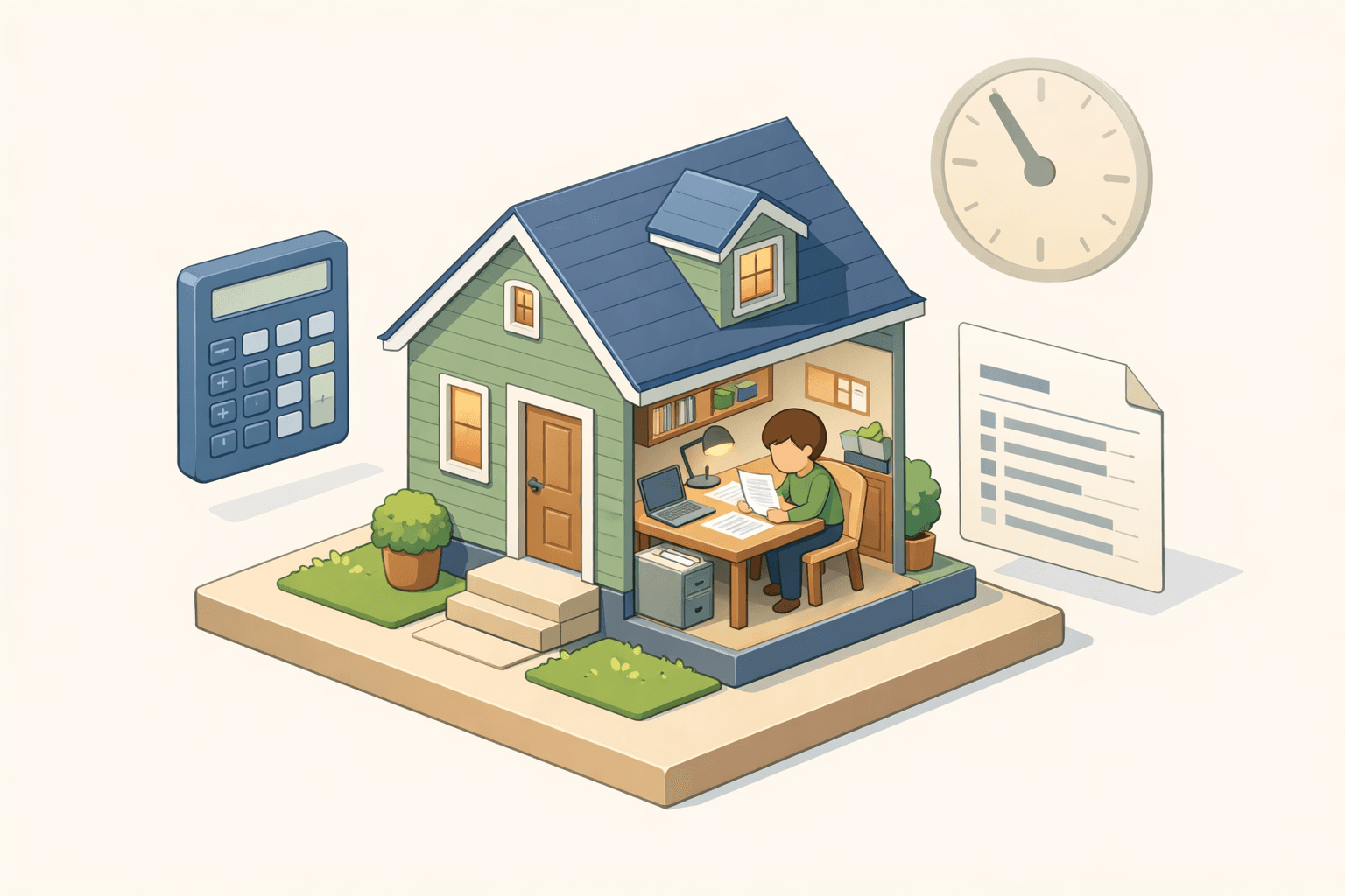 A small house with a calculator and income documents floating nearby, representing FHA loan affordability calculations for overtime earners.