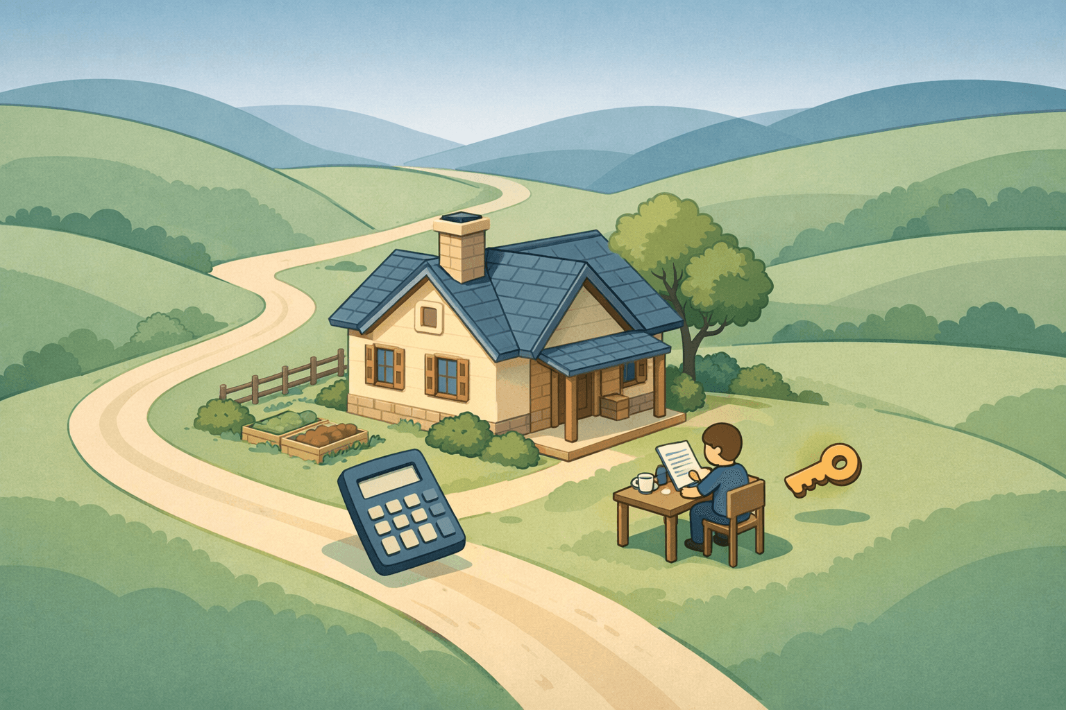 A small rural home on a hillside with a person reviewing documents and a calculator icon nearby, representing USDA loan affordability.