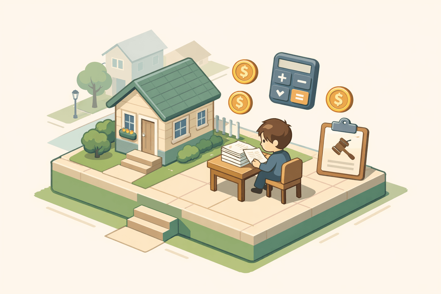 A freelancer reviewing mortgage documents at a home desk with income records and a calculator nearby