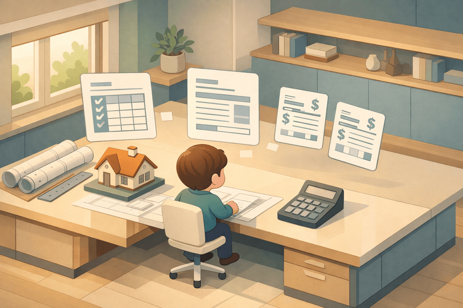 A person reviews income documents and a calculator at a home office desk with a small house model nearby