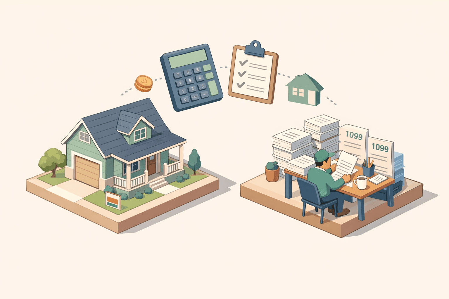 A self-employed person reviewing income documents and a calculator to determine mortgage eligibility with 1099 and child support income.