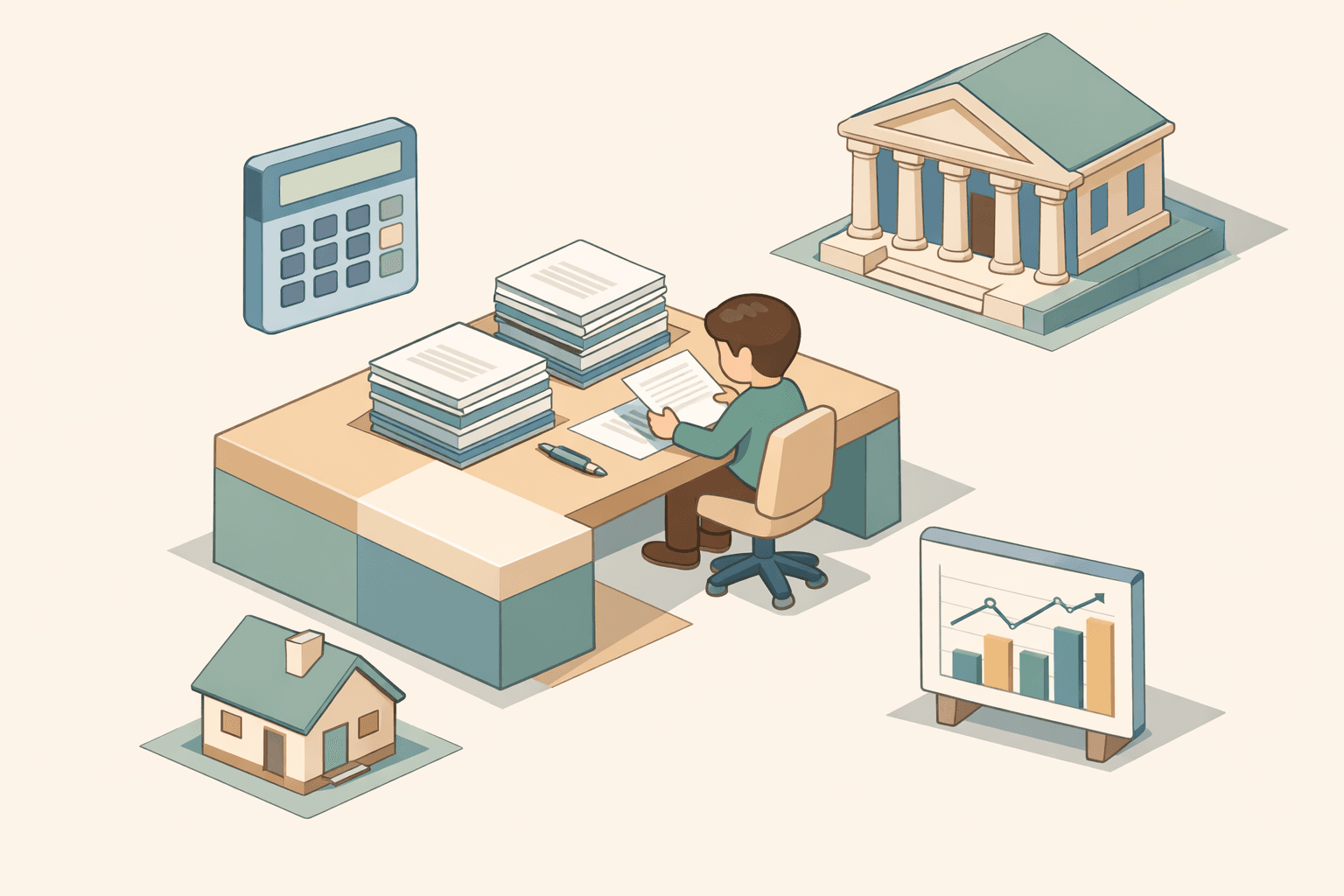 Person reviewing financial documents at a desk with a calculator and house icon, representing DTI calculation for commission income and alimony.