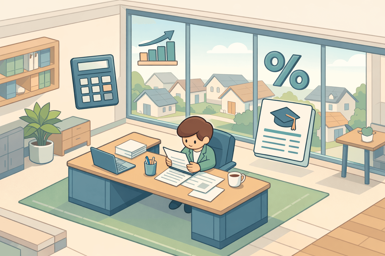 A person reviews mortgage documents at a desk with a calculator and student loan paperwork in a modern office setting.