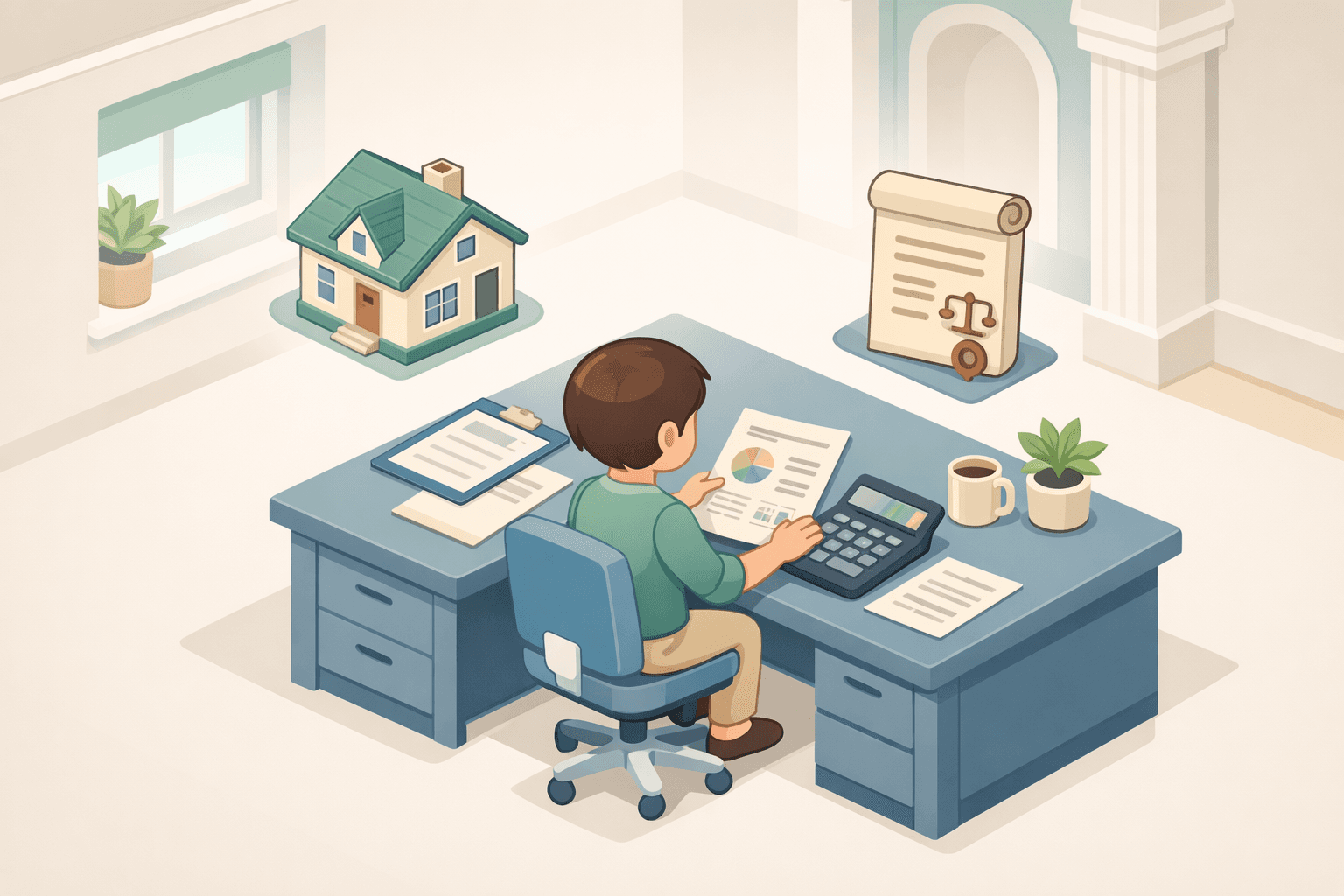 A person reviews financial documents and a calculator beside a house icon, representing mortgage planning after divorce with 1099 income.